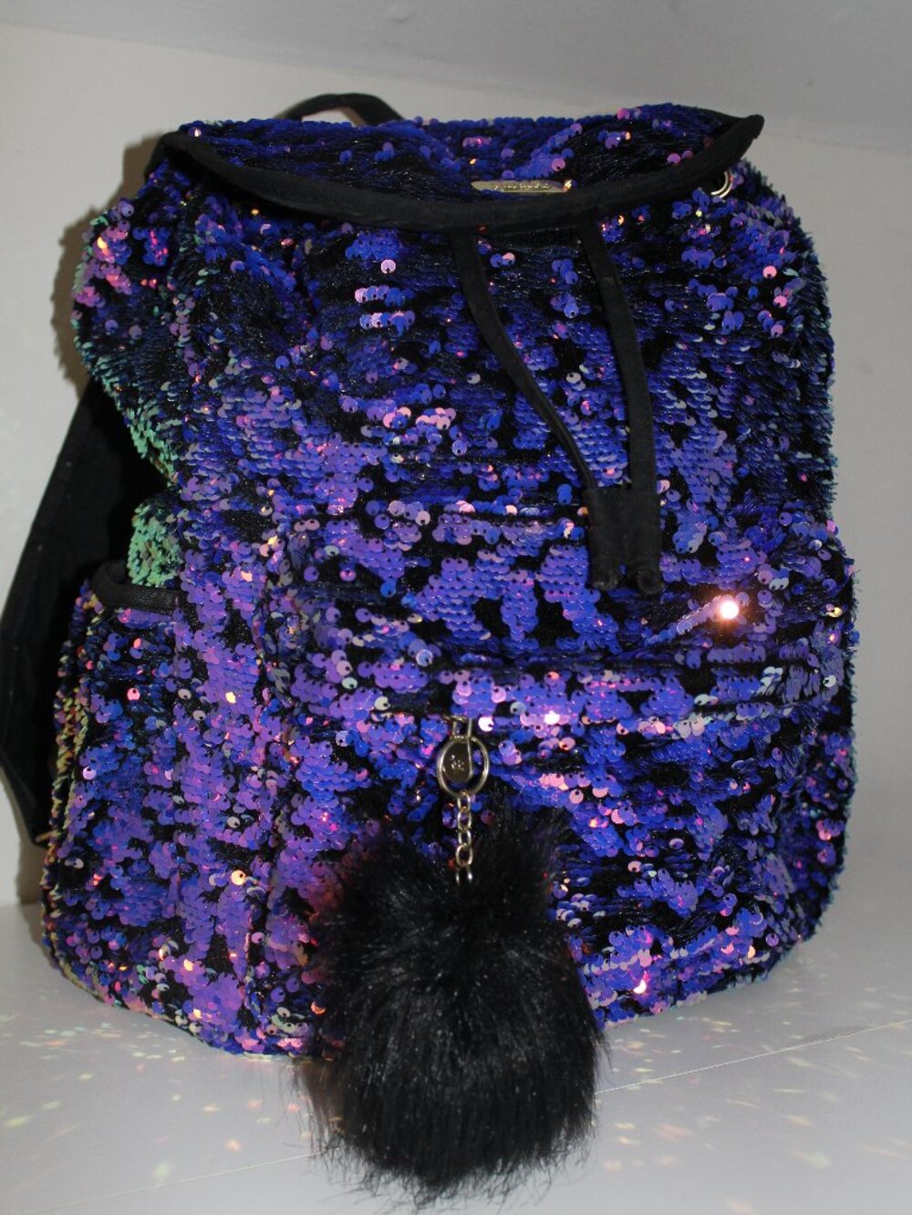 Justice Backpack Purple & Black Sequin “Forever Backpack” Drawstring Sparkle